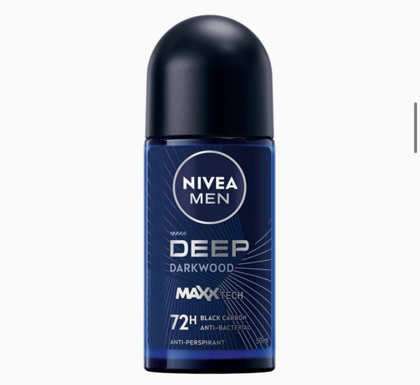 NIVEA MEN Antiperspirant Roll-on for Men, DEEP Black Carbon Antibacterial, Dark Wood Scent, 50ml