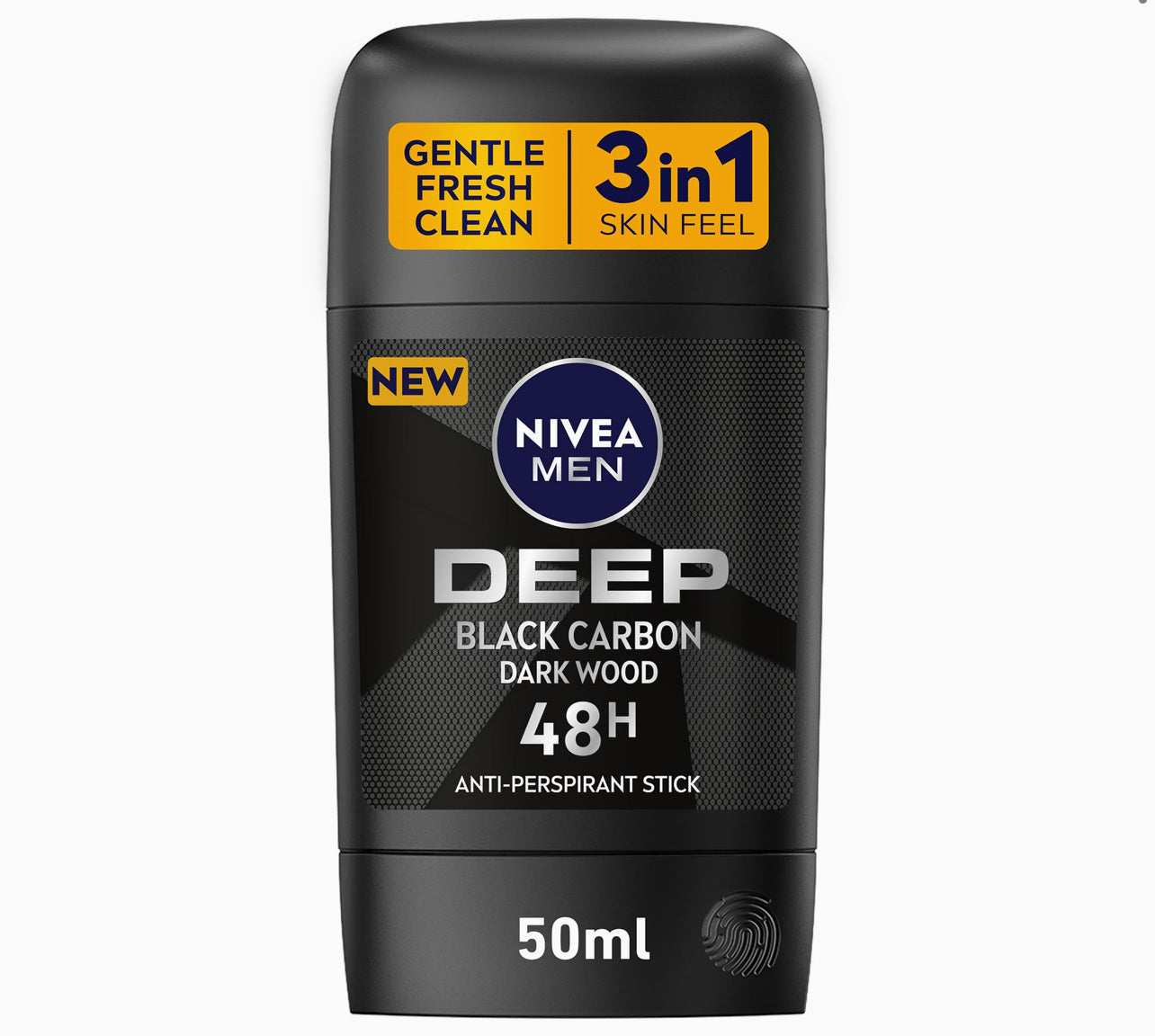 NIVEA MEN Antiperspirant Stick for Men, 48h Protection, DEEP Black Carbon Antibacterial, Woody Scent, 50ml